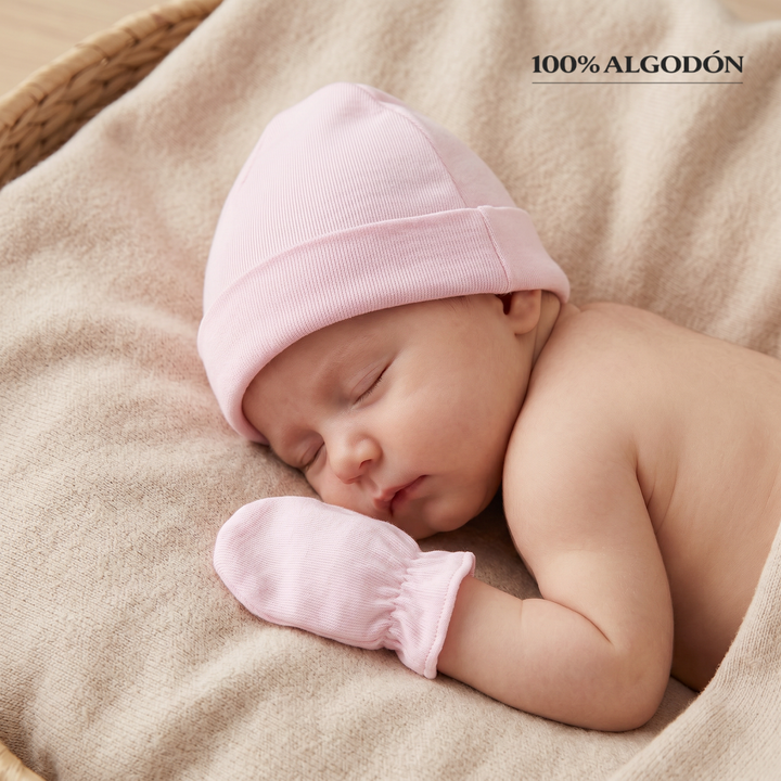 2100R GORRITO Y MANOPLAS ALGODÓN ROSA 715-Rosa Pálido Talla única