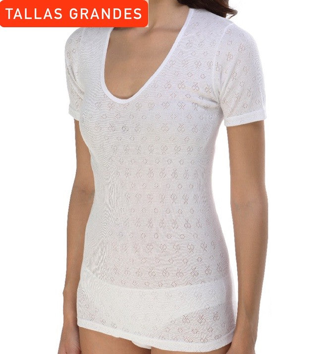 5828b CAMISETA CALADA MANGA CORTA HILO DE ESCOCIA 100% ALGODÓN ANTIALÉRGICA 000-Blanco