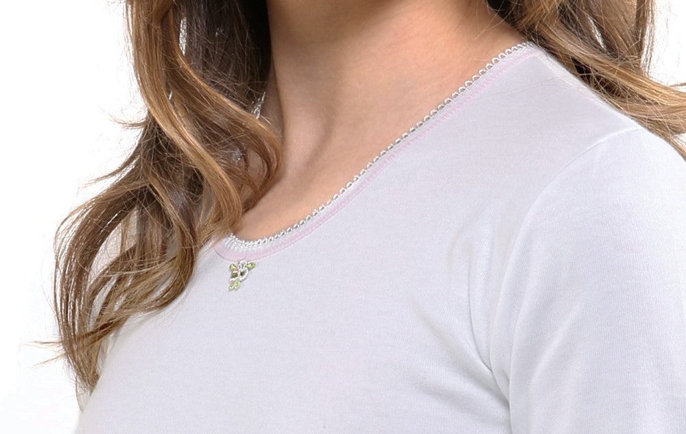 9803 CAMISETA MANGA CORTA AFELPADA TÉRMICA FLOR 000-Blanco-Cuello Rosa