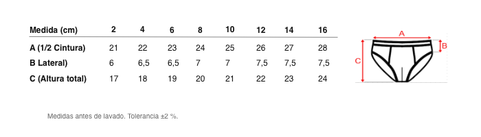 Medidas reales de 5306 SLIP CERRADO LISO BÁSICO 100% ALGODÓN ANTIALÉRGICO