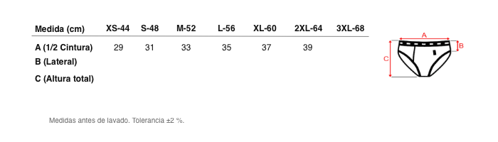 Medidas reales de 5478b SLIP ABIERTO ALGODÓN GOMA INTERIOR