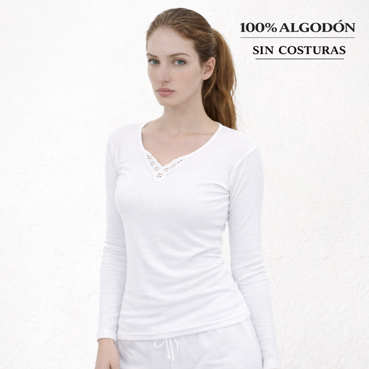 5834b CAMISETA MANGA LARGA ADORNO 100% ALGODÓN ANTIALÉRGICA 000-Blanco