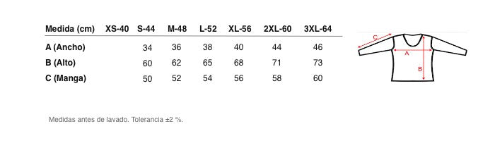 Medidas reales de 5834b CAMISETA MANGA LARGA ADORNO 100% ALGODÓN ANTIALÉRGICA