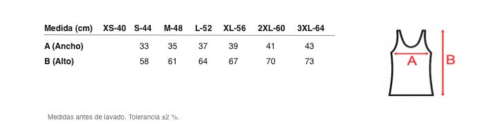 Medidas reales de 5839b CAMISETA TIRANTES 100% ALGODÓN ANTIALÉRGICA