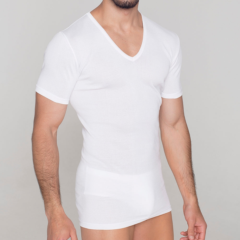 5238 CAMISETA MANGA CORTA HILO DE ESCOCIA. CUELLO PICO