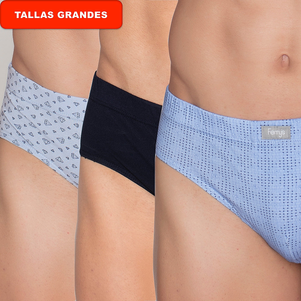 413b PACK DE 3 SLIPS CERRADOS ESTAMPADOS Y LISO AZUL 100-Surtido 2XL-64