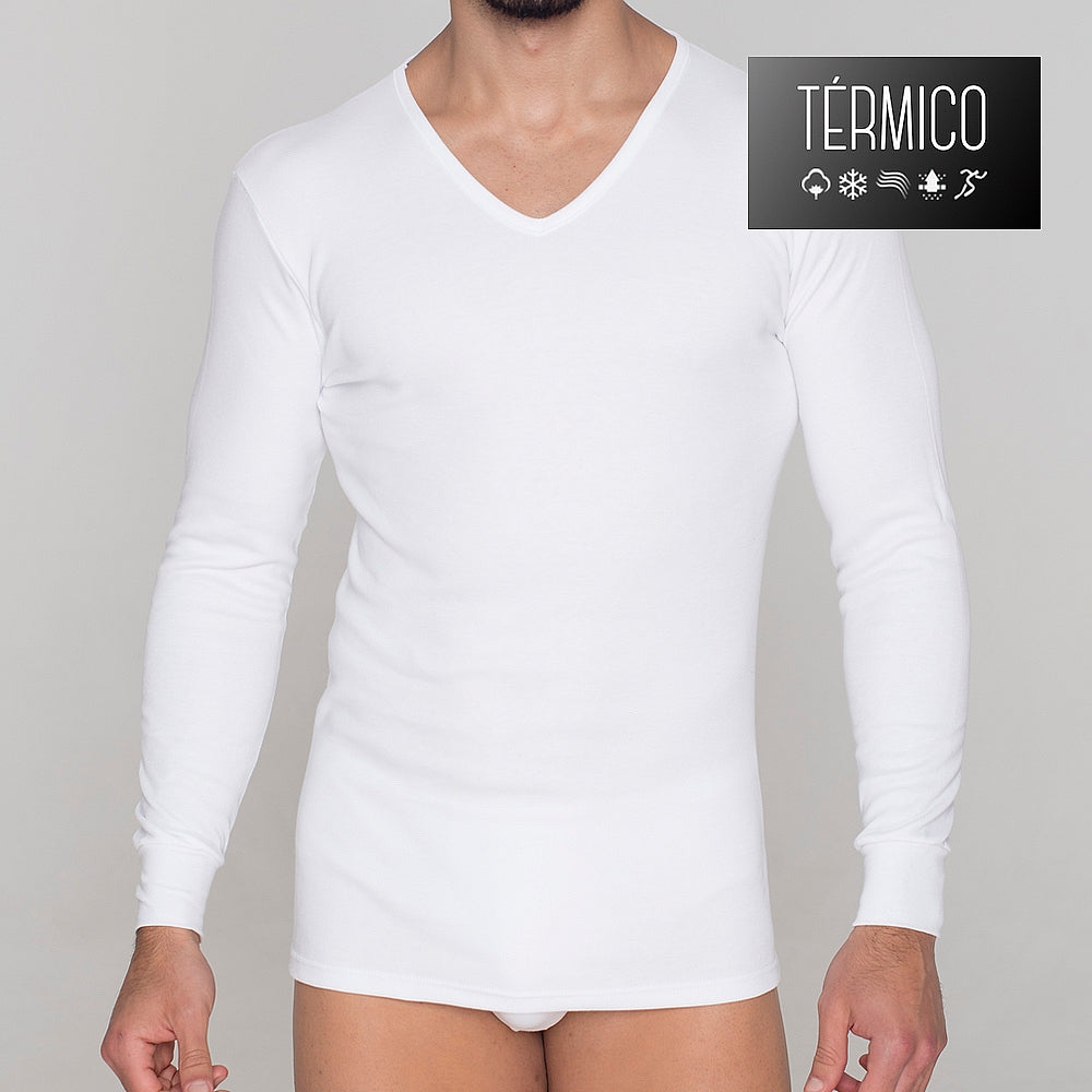9254 CAMISETA MANGA LARGA AFELPADA TÉRMICA . CUELLO V 000-Blanco