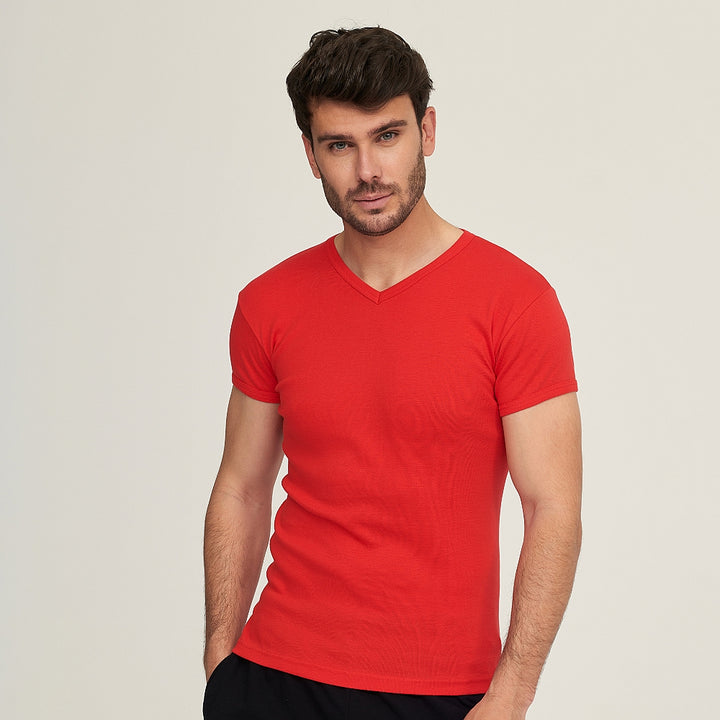 7562 CAMISETA MANGA CORTA CUELLO PICO 076-Rojo