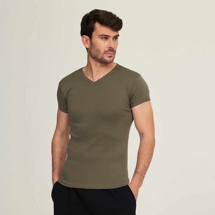 7562 CAMISETA MANGA CORTA CUELLO PICO 462-Verde Kaki