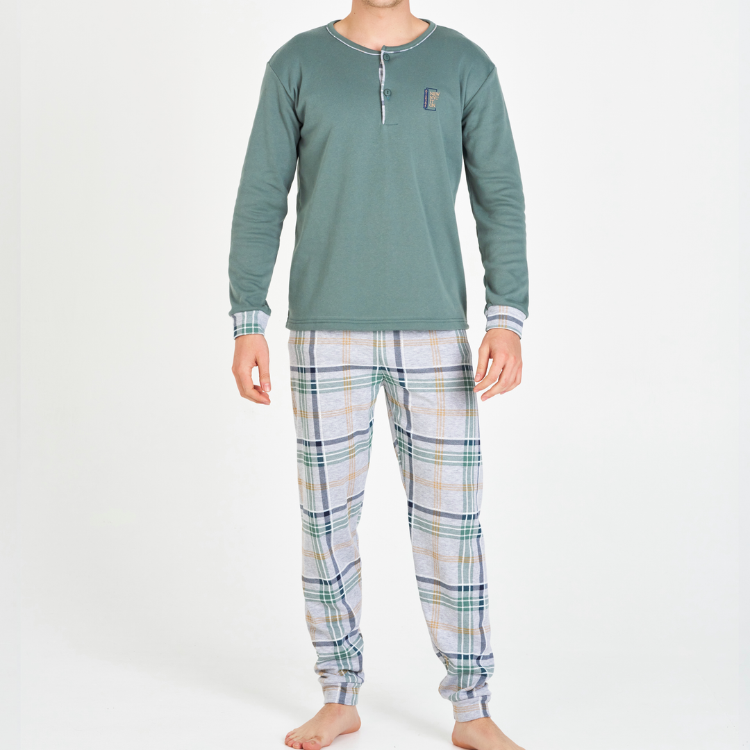 PIJAMA HOMBRE LARGO VERDE SALVIA CON PANTALÓN DE CUADROS – Ferry's