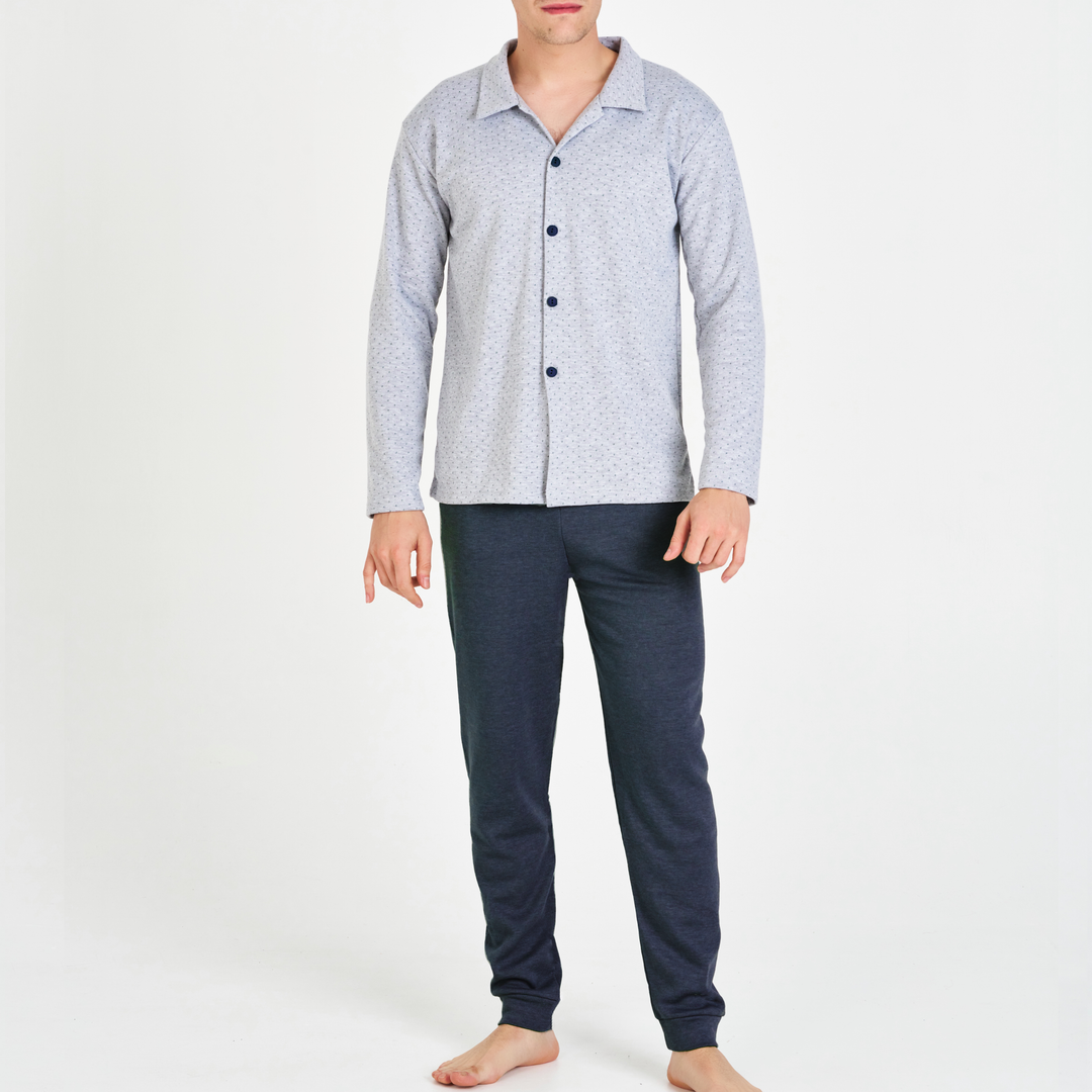PIJAMA HOMBRE LARGO CAMISERO GRIS ESTAMPADO CON PANTALÓN AZUL