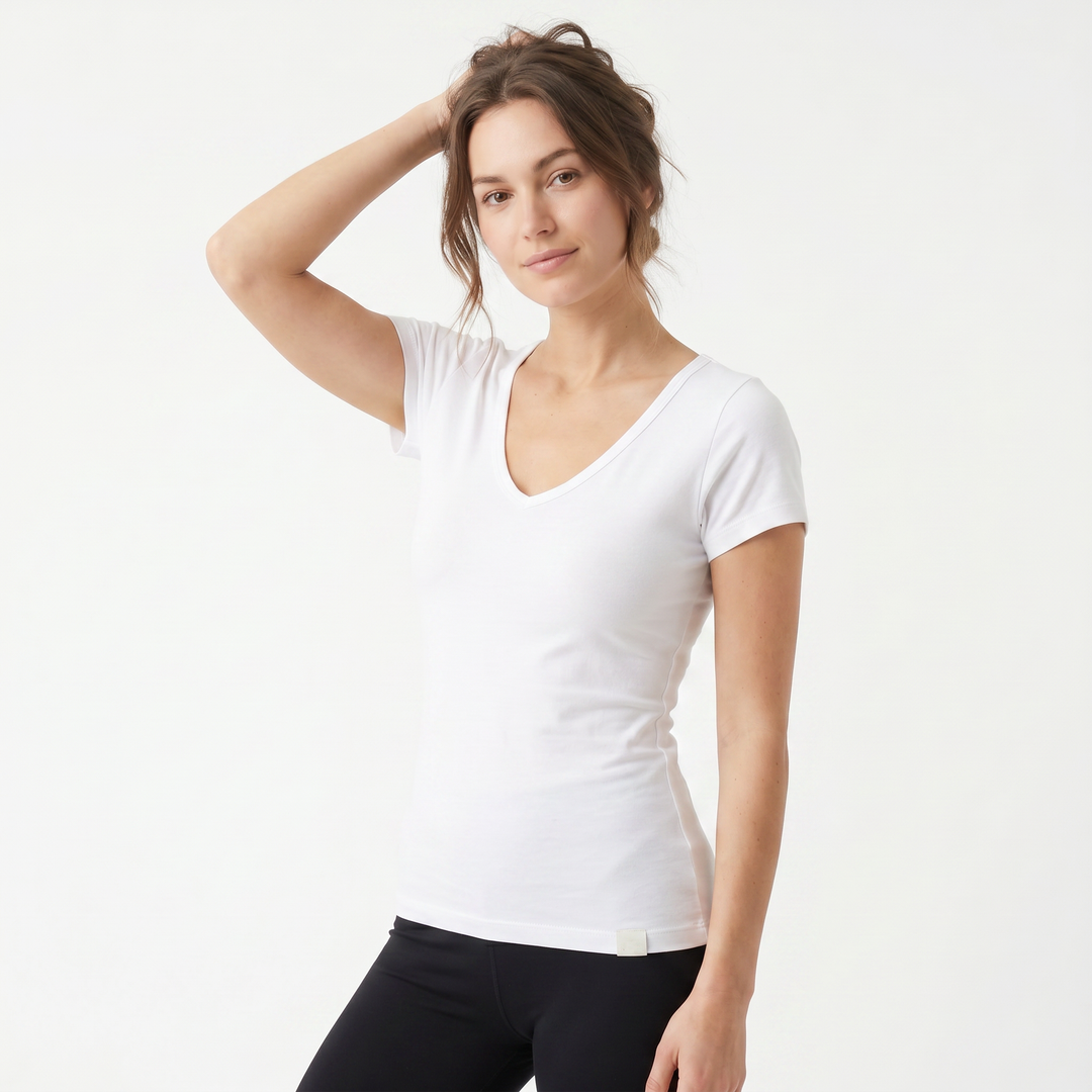 7825b CAMISETA MANGA CORTA CUELLO V DELANTE Y DETRÁS - MUJER - Nina Ferry's