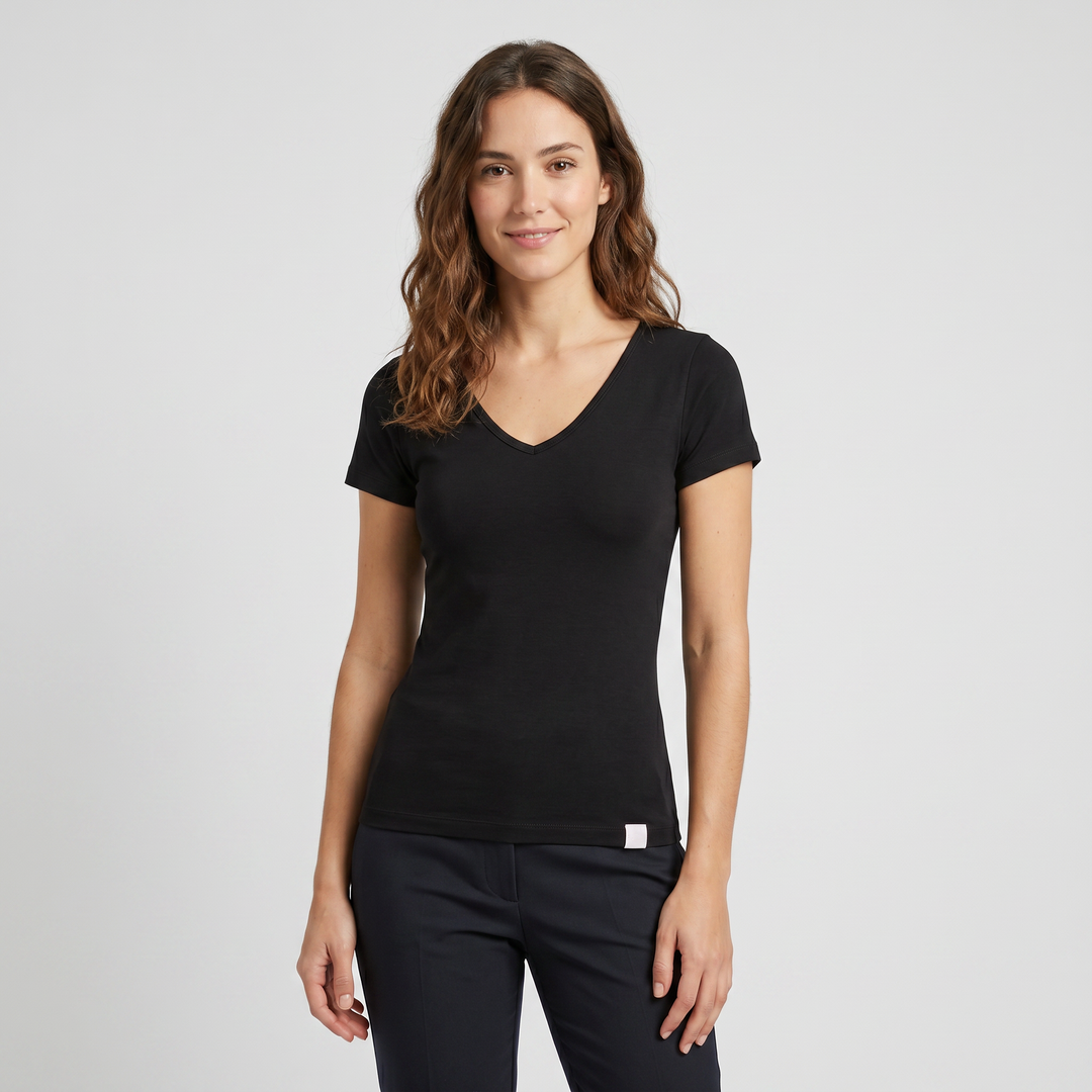 7825b CAMISETA MANGA CORTA CUELLO V DELANTE Y DETRÁS - MUJER - Nina Ferry's