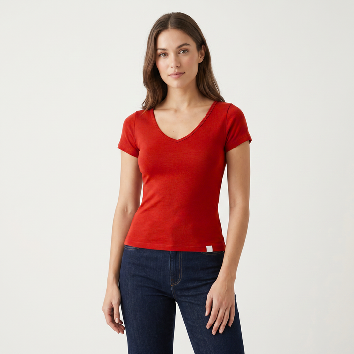 7825b CAMISETA MANGA CORTA CUELLO V DELANTE Y DETRÁS - MUJER - Nina Ferry's