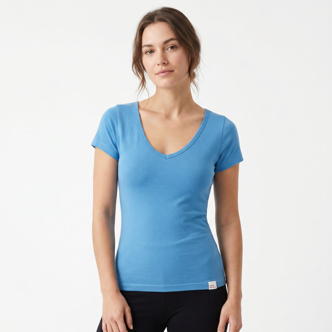 7825b CAMISETA MANGA CORTA CUELLO V DELANTE Y DETRÁS - MUJER - Nina Ferry's