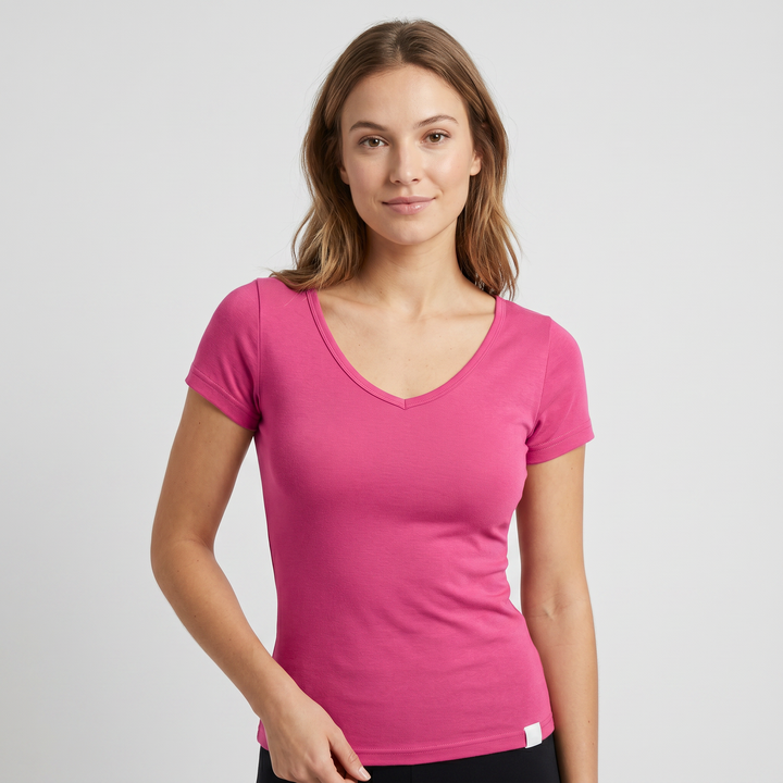 7825b CAMISETA MANGA CORTA CUELLO V DELANTE Y DETRÁS - MUJER - Nina Ferry's