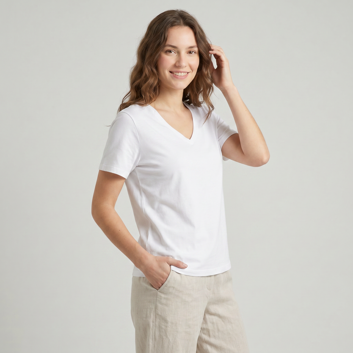 7834b CAMISETA MANGA CORTA ANCHA . CUELLO V - MUJER - Nina Ferry's
