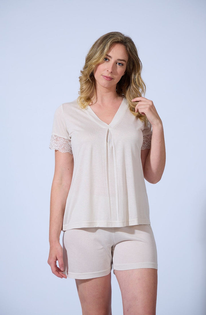 PIJAMA MUJER CORTO ENCAJE Beige