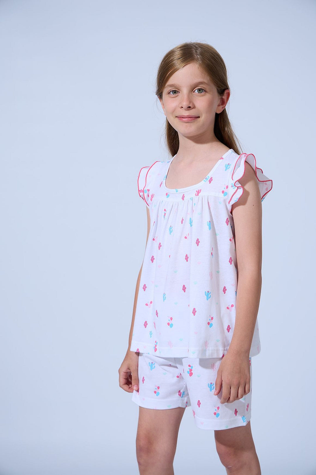 PIJAMA NIÑA CORTO MANGA CON VOLANTE Blanco