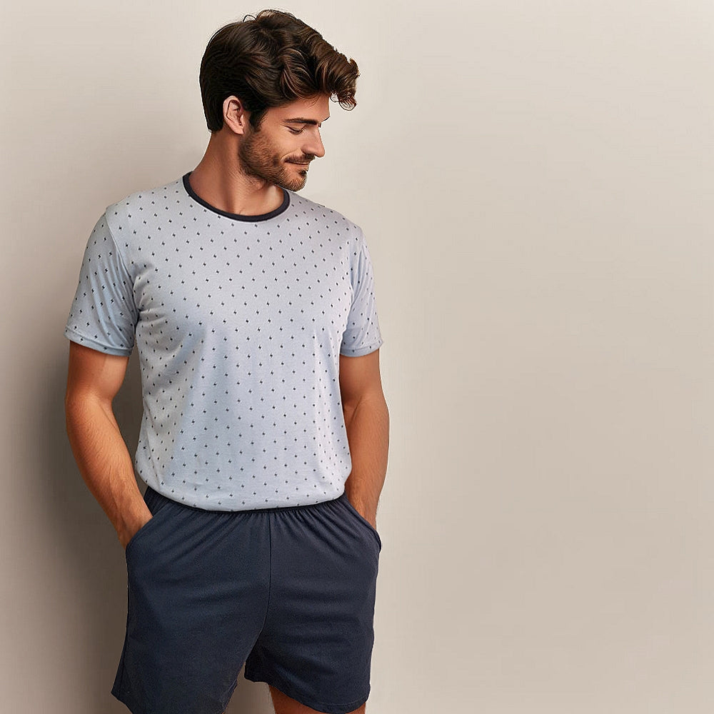 0840 PIJAMA HOMBRE ALGODÓN MANGA CORTA Y PANTALÓN CORTO CON BOLSILLOS. ESTAMPADO RAYOS Único