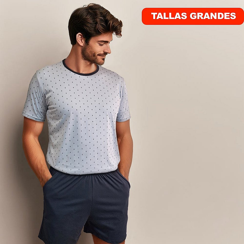 0840b PIJAMA HOMBRE ALGODÓN MANGA CORTA Y PANTALÓN CORTO CON BOLSILLOS. ESTAMPADO RAYOS Único 2XL