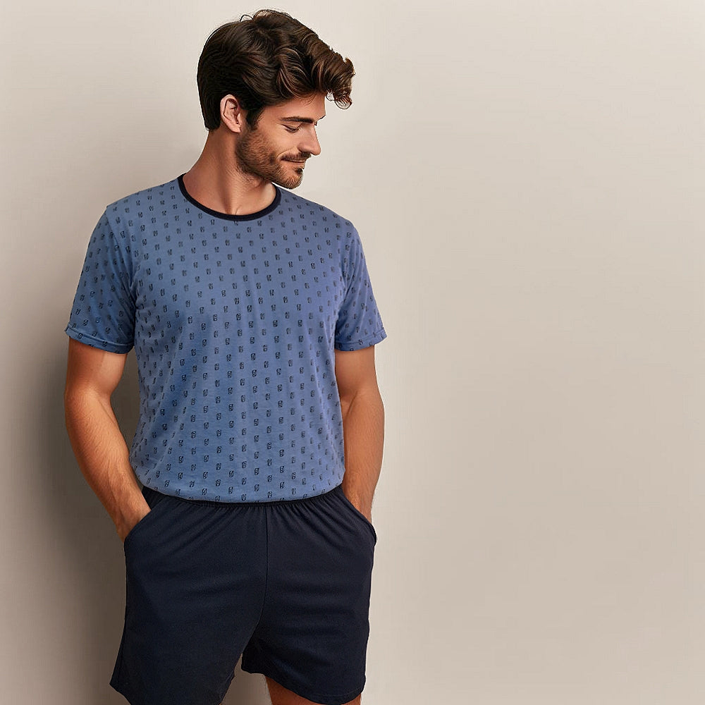 0841 PIJAMA HOMBRE ALGODÓN MANGA CORTA Y PANTALÓN CORTO CON BOLSILLOS. ESTAMPADO AZUL KUBE Único