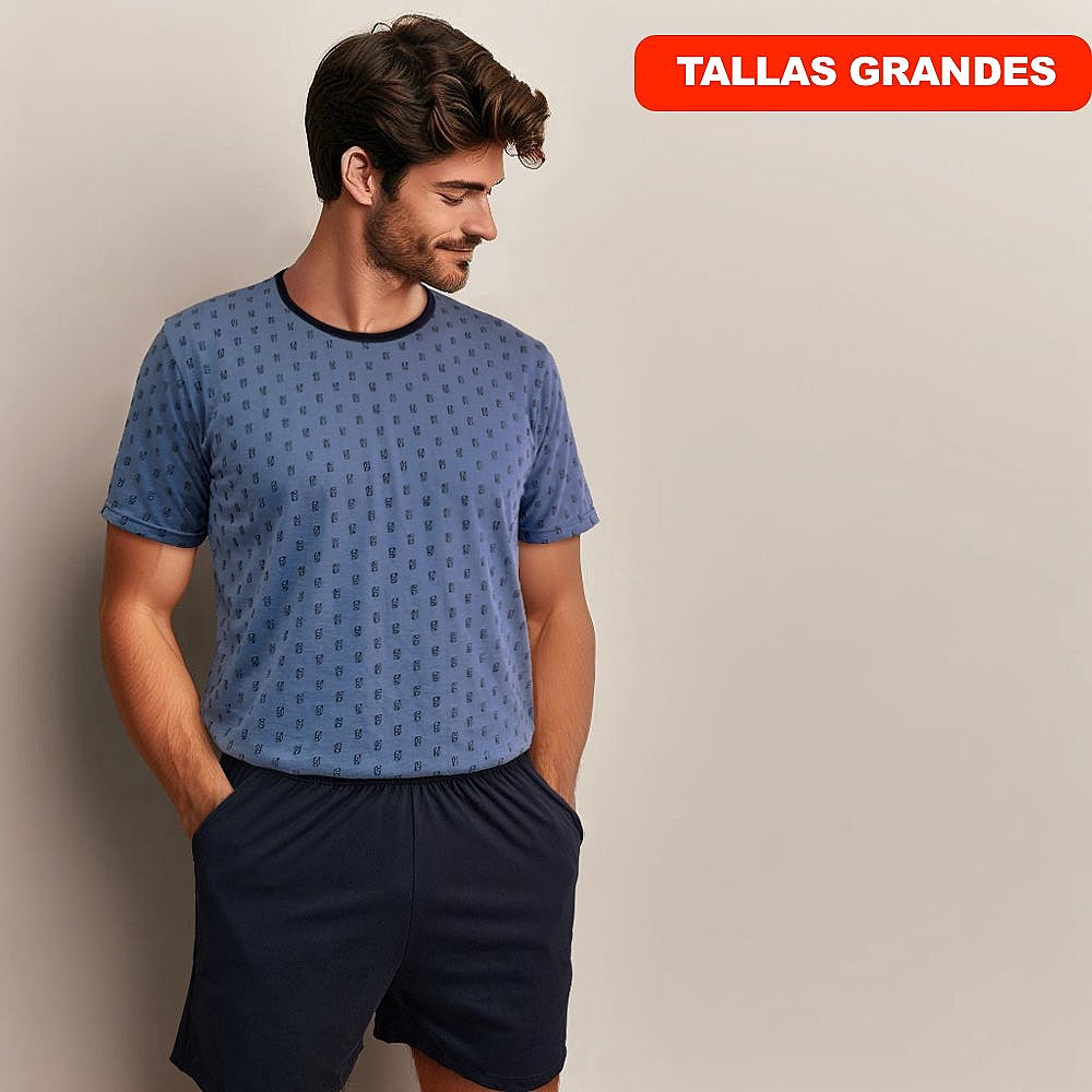 0841b PIJAMA HOMBRE ALGODÓN MANGA CORTA Y PANTALÓN CORTO CON BOLSILLOS. ESTAMPADO AZUL KUBE Único 2XL